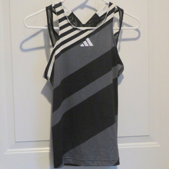 Adidas Sz Small Aeroready Pro Women's Tennis Y-Tank Top Black Gray White Stripe - Picture 2 of 16